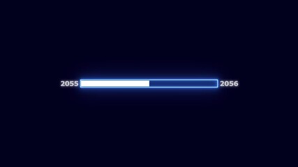 Glowing blue progress bar with white fill, indicating the year 2055 moving towards 2056 on a dark background