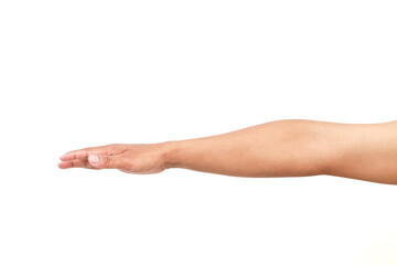 Isolated arm of a person showing a flat palm on white background, useful for presentation