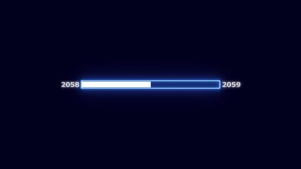 Digital loading bar from year 2058 to 2059 with blue neon light and dark backdrop progress bar futuristic