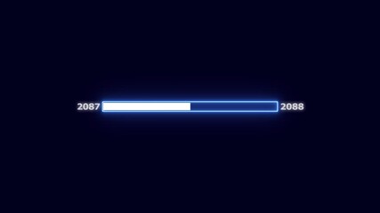 Futuristic progress bar showing year 2087 to 2088 with blue neon glow loading bar technology