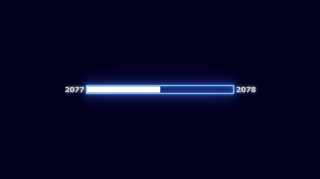 Futuristic Progress Bar Showing Year 2077 to 2078 with Blue Neon Glow loading bar technology