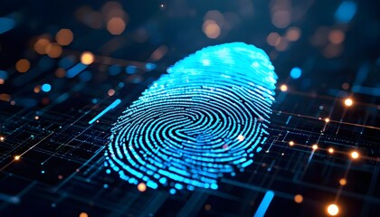 A glowing blue digital fingerprint on a circuit board background, representing biometric security and identity verification.