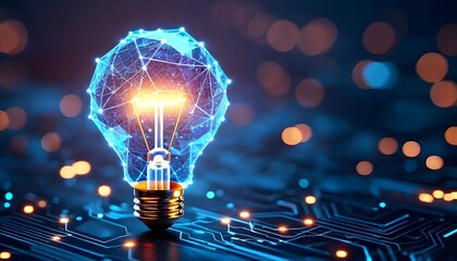 A glowing digital lightbulb representing innovation and technology, set against a backdrop of blurred lights and circuitry.