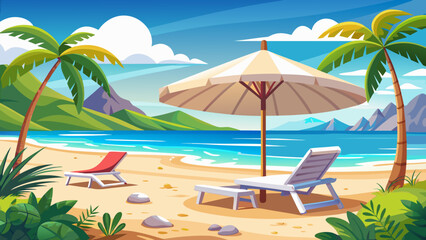 Obraz premium Very beautiful relaxing beach scene with soft white sand, elegant lounge beds under a wide umbrella, and a tranquil sea view evoking peace and comfort. 