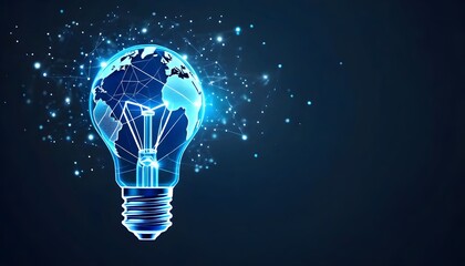 A glowing blue light bulb with a digital world map inside, symbolizing global innovation, technology, and interconnected ideas.