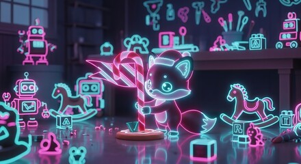Obraz premium A cute fox character holds a candy cane surrounded by neon toys