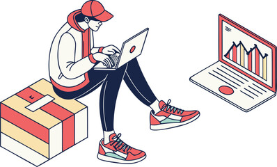 Isometric illustration of a person working on a laptop, analyzing data and statistics