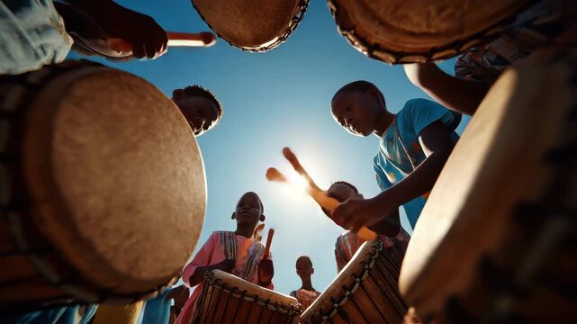 Young kids drum rhythmically under a clear blue sky during a lively cultural event
