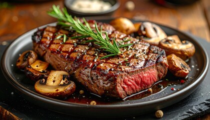 A perfectly grilled piece of meat, adorned with a sprig of green, sits on a dark plate, surrounded by toasted mushrooms. A side dish of sauce is visible