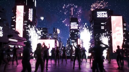 Futuristic New Year's Eve Celebration with Fireworks and Crowd
