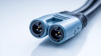 Close-up of a light-blue bifurcated connector with two circular ports, black surrounds, golden contacts, and dual black cables