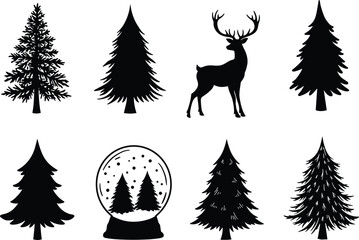 Winter forest silhouettes, pine trees, deer figure, snow globe, holiday theme, black icons, festive nature, seasonal design, woodland elements, Christmas decor