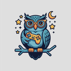 Wise owl gamer with headphones holding controller, night sky moon and stars, cozy streaming mascot, playful vector illustration