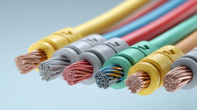 Close-up of colorful electrical wires with stripped ends, revealing copper strands, against a soft blue background. Different colors highlight each cable
