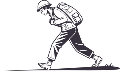Illustration of a man in a helmet carrying a heavy backpack