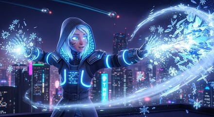 A futuristic woman conjures ice magic in a neonlit city at night