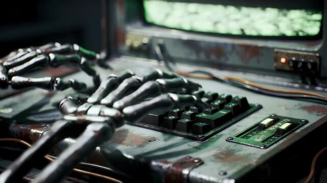 Skeleton hands typing on an old keyboard. Computer screen with static, rust, vintage. Technology, bones, typing, old, and keyboard.