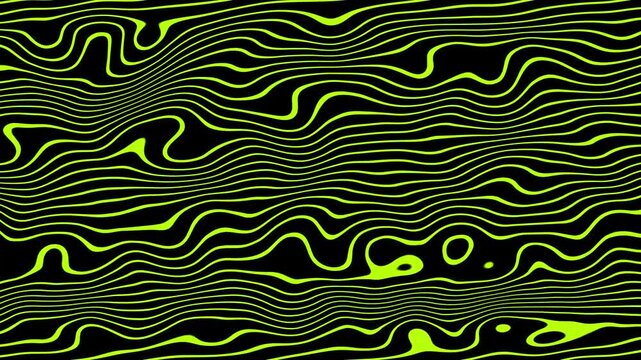 Abstract geometric pattern of undulating green lines on a black background creating a mesmerizing visual texture and artistic effect