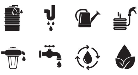 Collection of waterrelated icons including a tank, faucet, and watering can isolated on transparent background