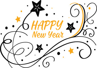 Happy new year greeting with stars and swirls festive holiday design