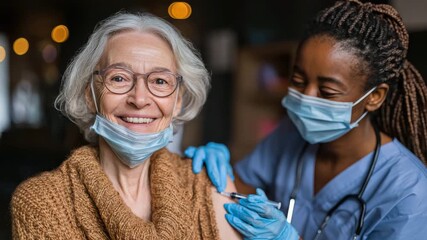 A happy elderly woman receives her vaccination from a smiling healthcare worker in a clinic - Powered by Adobe