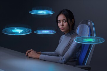 Focused analyst surrounded by spinning holographic data layers in futuristic workspace