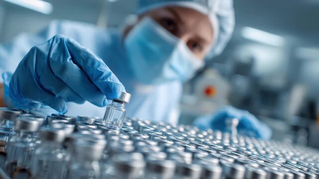 Scientist in blue gloves prepares vaccine vials in a lab focused on medical research
