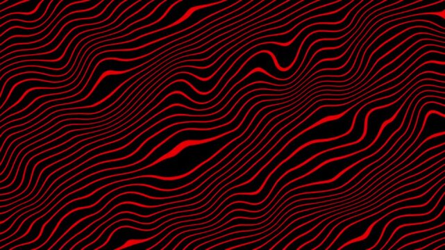 Abstract futuristic background of flowing red wavy lines on a black surface creating a dynamic and hypnotic optical illusion