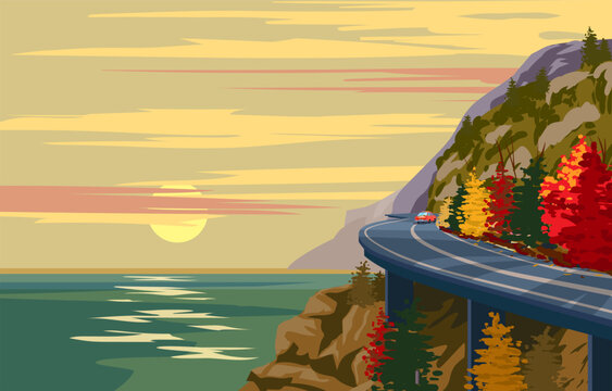 Sunset mountain road trip vacation by car, coast sea, ocean, palms, resort tropical landscape