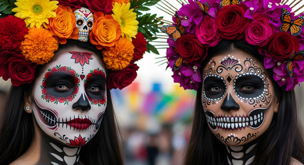 Closeup of two women with traditional sugar skull makeup and flower crowns for day of the dead celebration, showcasing vibrant colors and intricate designs