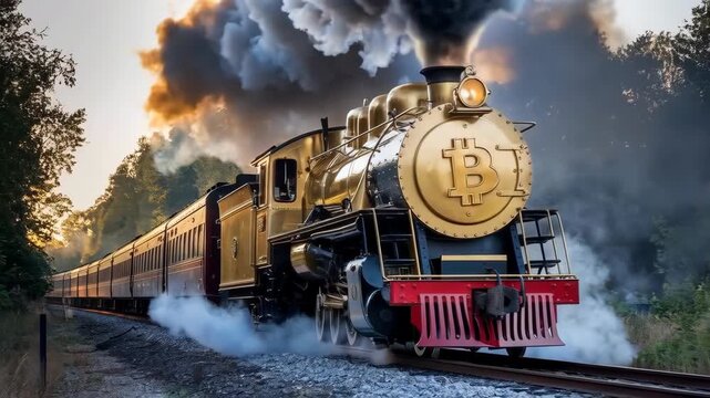 Golden vintage steam train with a bitcoin symbol on the front