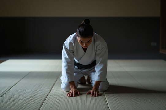 Judo athlete bows respectfully on tatami mat under serene natural light