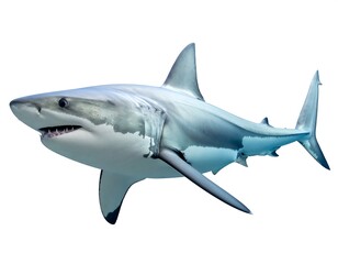 Fototapeta premium A menacing great white shark, rendered against a clean white backdrop, showcasing its sharp teeth and powerful form. Its sleek body is in full view