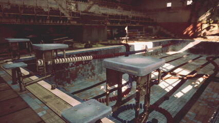 Sunlight filters through broken windows, illuminating an empty swimming pool. The water reflects the surroundings, while abandoned equipment hints at past activities in this forgotten space.