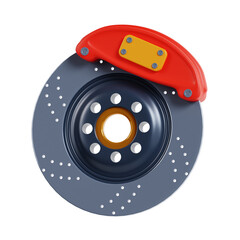 Close-Up Of A Car Disc Brake Assembly With Red Caliper And Drilled Rotor Isolated On A Transparent Background Showing Automotive Component Detail
