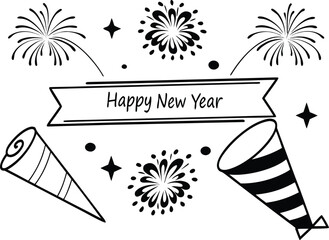 Festive happy new year celebration banner with party poppers and fireworks