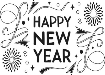 Festive happy new year celebration with decorative swirls and fireworks