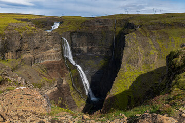 Haifoss Waterfall and Canyon with Basalt Cliffs in Iceland