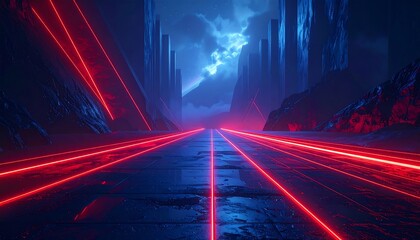 A neon-lit futuristic landscape features a glowing road leading to a city of towering structures under a cosmic night sky