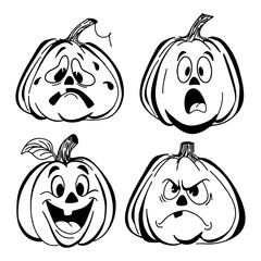 A set of emotional pumpkins drawn in cartoon doodle style.