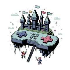 Pixel castle on giant controllers bridge, tiny players exploring, fantasy adventure scene, nostalgic eight bit gaming vector © RA Studio