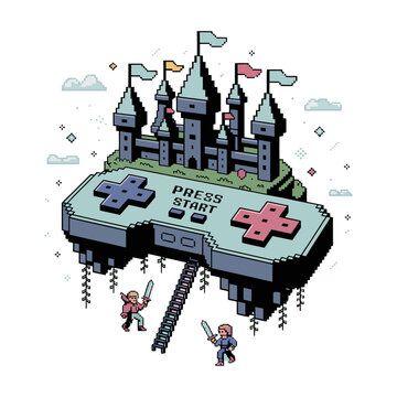Pixel castle on giant controllers bridge, tiny players exploring, fantasy adventure scene, nostalgic eight bit gaming vector