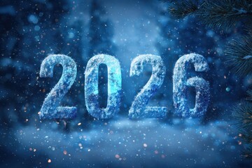glowing blue 2026 numbers sparkle in icy frost amid snowfall and pine branches, a festive winter scene suitable for banners and year-end campaigns, concept for marketing, retail, and hospitality
