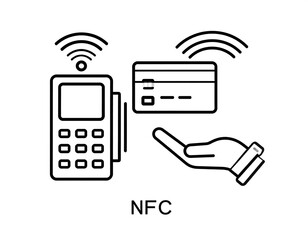 A black and white illustration depicting NFC payment with a terminal, credit card, and hand