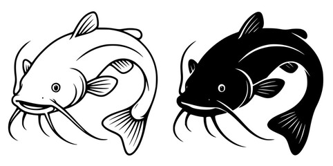 Vector catfish, outline version and silhouette version