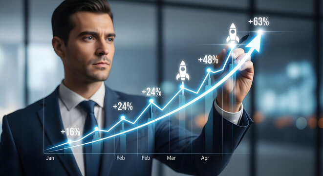 Focused businessman in a suit drawing an upward trending graph with a pen, symbolizing business growth, success, and positive financial performance in the market - Powered by Adobe