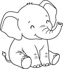 Obraz premium Charming cute baby elephant line art with a joyful smile sitting adorable and playful for childrens designs