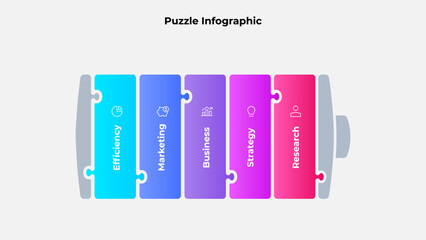Puzzle battery infographic with 5 steps. It conveys teamwork, planning, and growth within corporate strategy