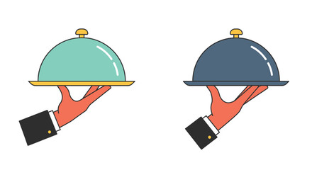 Two hands presenting covered dishes on silver platters a dining service