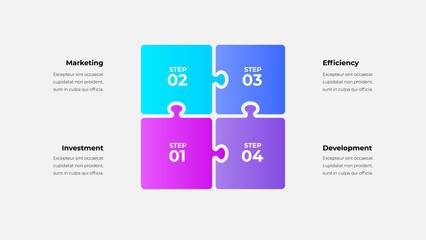 Four square puzzle tiles form a stepwise workflow, highlighting marketing, investment, development, and efficiency. Business strategy focused on collaboration and progress